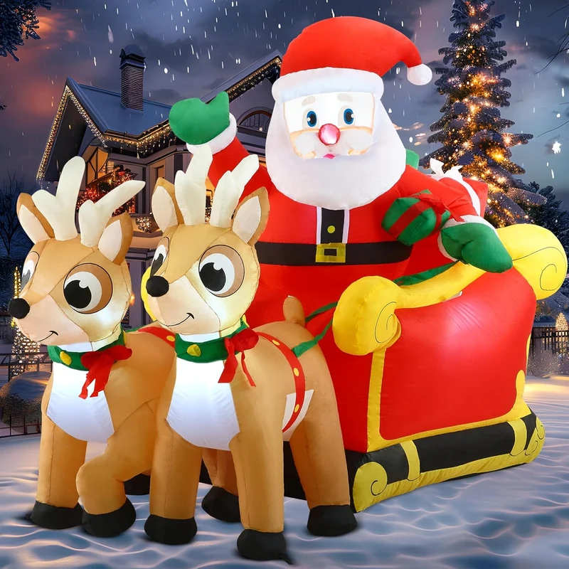 6 FT Long Christmas Inflatable Santa on Sleigh w/ 2 Reindeer Build-in LED Decorations
