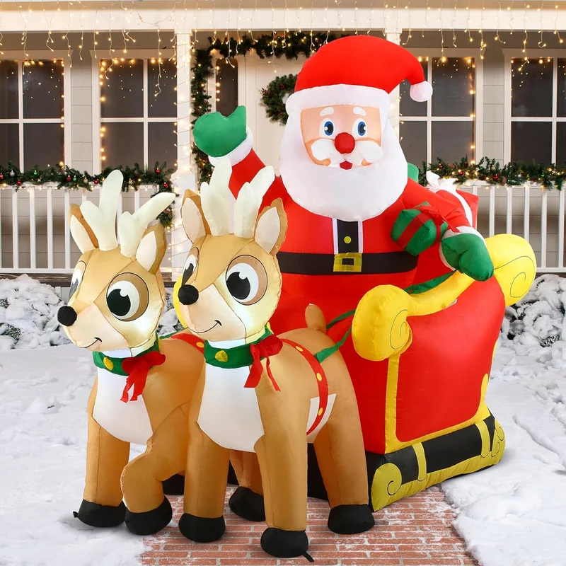 6 FT Long Christmas Inflatable Santa on Sleigh w/ 2 Reindeer Build-in LED Decorations