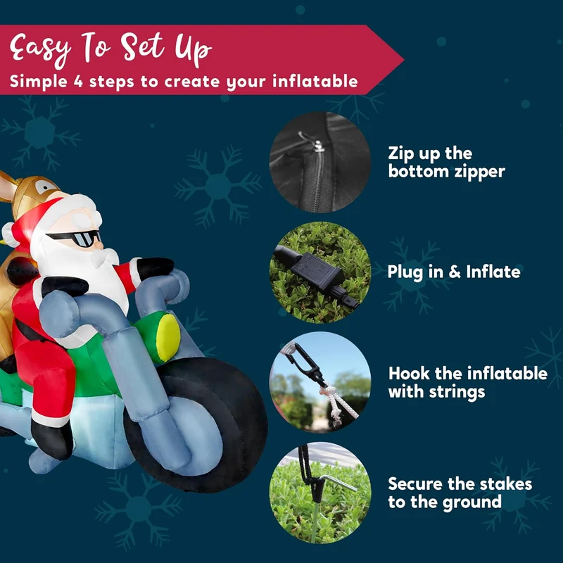 (7FT) Long Christmas Inflatables Inflatable Santa Riding Motorcycle w/ Reindeer, Blow Up Decoration w/ Build-in LED Décor