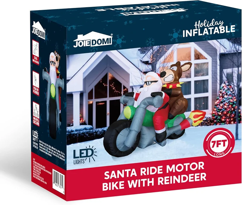 (7FT) Long Christmas Inflatables Inflatable Santa Riding Motorcycle w/ Reindeer, Blow Up Decoration w/ Build-in LED Décor