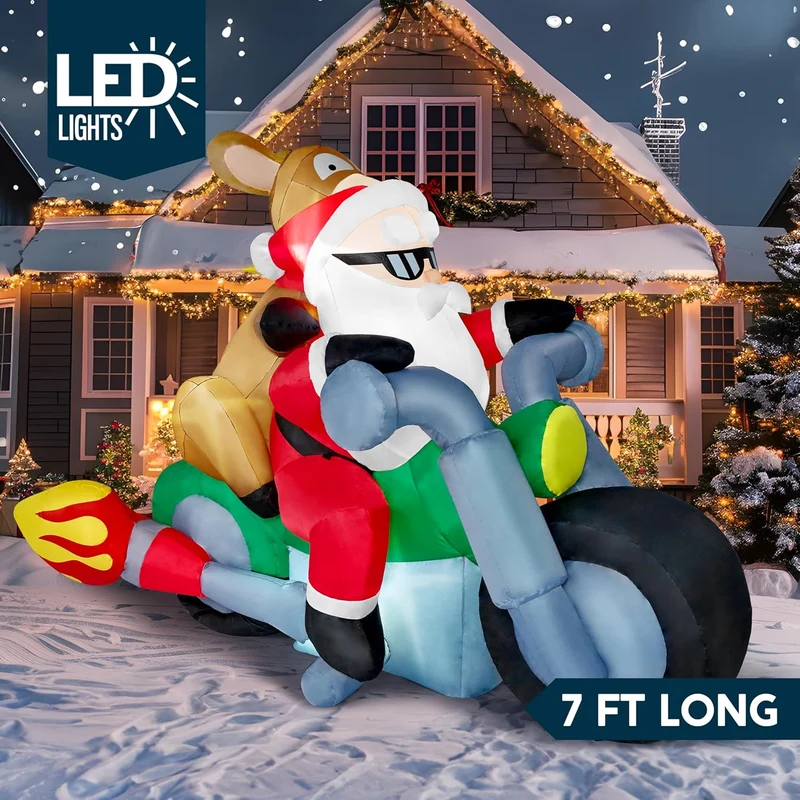 (7FT) Long Christmas Inflatables Inflatable Santa Riding Motorcycle w/ Reindeer, Blow Up Decoration w/ Build-in LED Décor