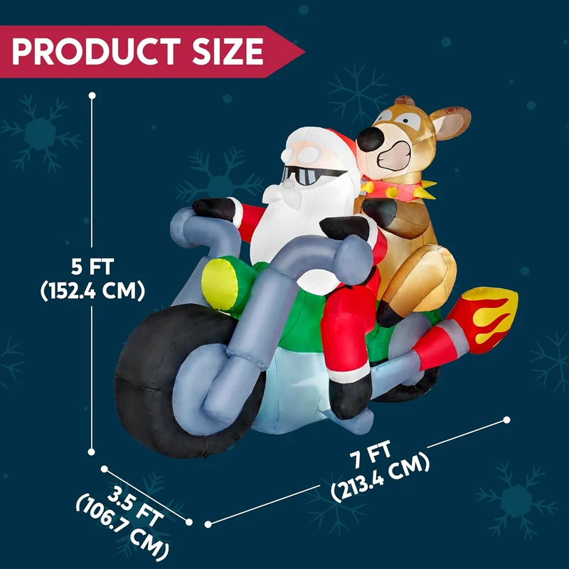 (7FT) Long Christmas Inflatables Inflatable Santa Riding Motorcycle w/ Reindeer, Blow Up Decoration w/ Build-in LED Décor