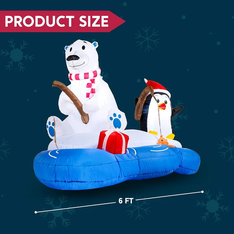 (6FT) Long Christmas Inflatable Polar Bear Fishing w/ Penguin Decoration, Blow Up w/ Built-in LEDs