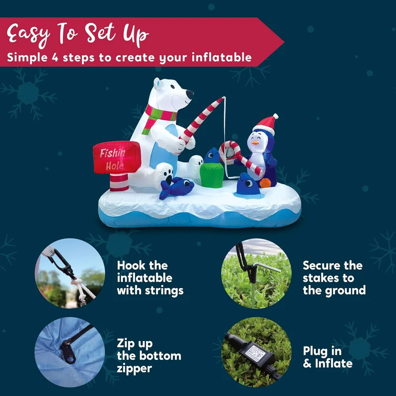 (6FT) Long Christmas Inflatable Penguin & Polar Bear Decoration, Blow Up Yard Fishing Hole Sign w/ Build-in LEDs Decorations