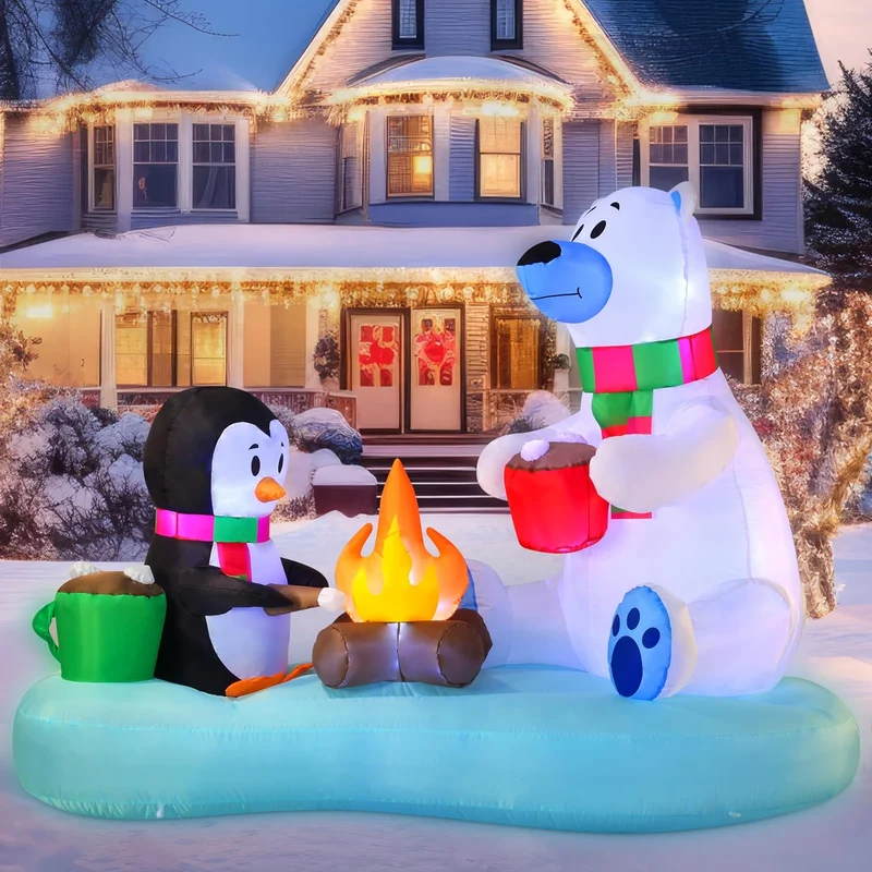 (6FT) Long Christmas Inflatable Polar Bear and Penguin w/ Campfire, Blow Up Yard Decoration Build-in LEDs Winter Décor