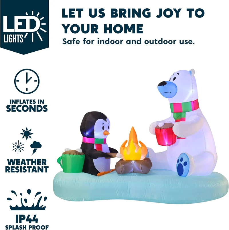 (6FT) Long Christmas Inflatable Polar Bear and Penguin w/ Campfire, Blow Up Yard Decoration Build-in LEDs Winter Décor