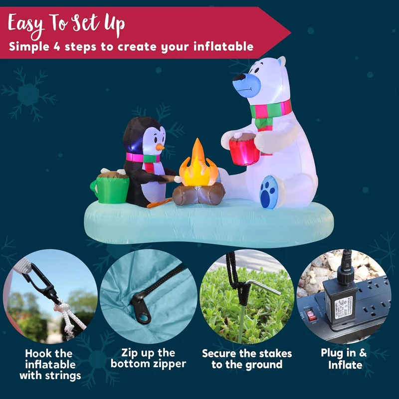 (6FT) Long Christmas Inflatable Polar Bear and Penguin w/ Campfire, Blow Up Yard Decoration Build-in LEDs Winter Décor