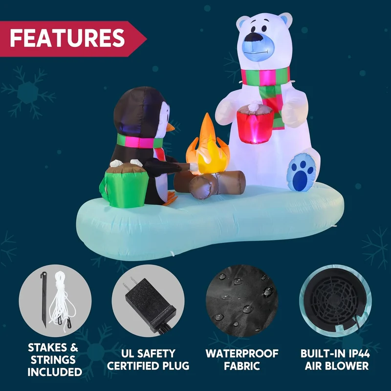 (6FT) Long Christmas Inflatable Polar Bear and Penguin w/ Campfire, Blow Up Yard Decoration Build-in LEDs Winter Décor