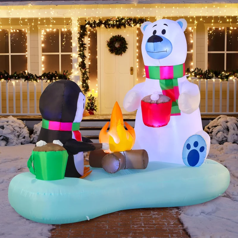 (6FT) Long Christmas Inflatable Polar Bear and Penguin w/ Campfire, Blow Up Yard Decoration Build-in LEDs Winter Décor