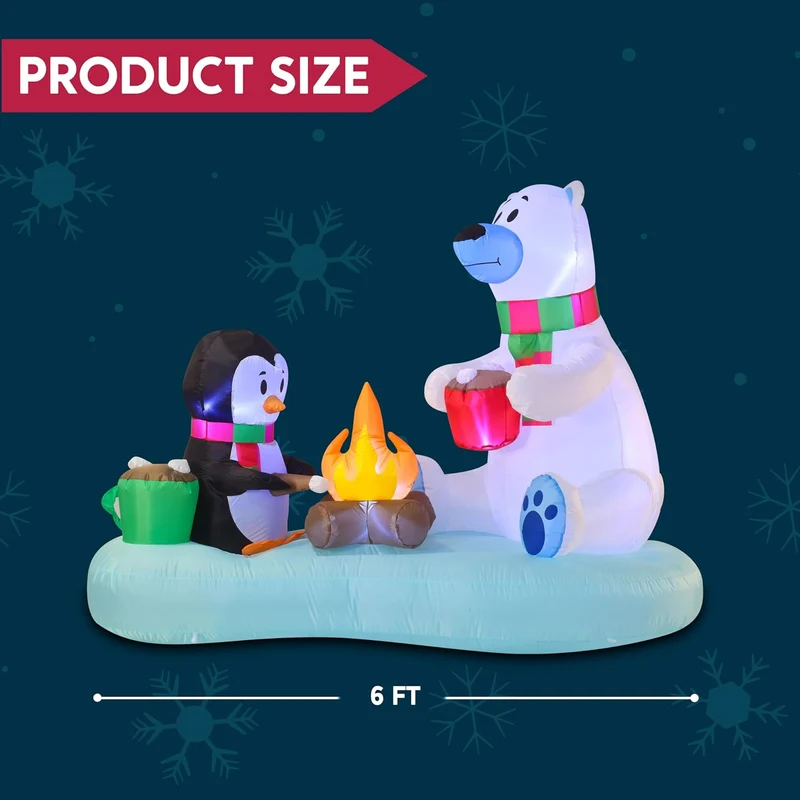 (6FT) Long Christmas Inflatable Polar Bear and Penguin w/ Campfire, Blow Up Yard Decoration Build-in LEDs Winter Décor