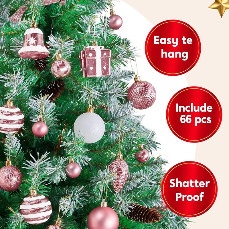 (66 PCS) Christmas Balls Ornaments Set, Pink Shatterproof Plastic Christmas Tree Ornaments Decoration