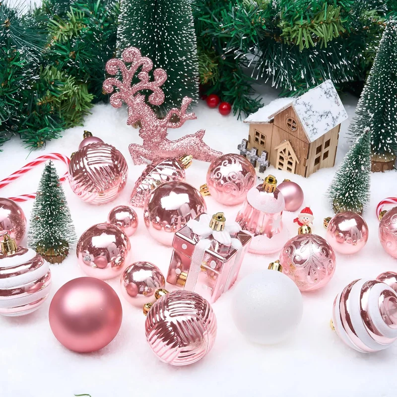 (66 PCS) Christmas Balls Ornaments Set, Pink Shatterproof Plastic Christmas Tree Ornaments Decoration