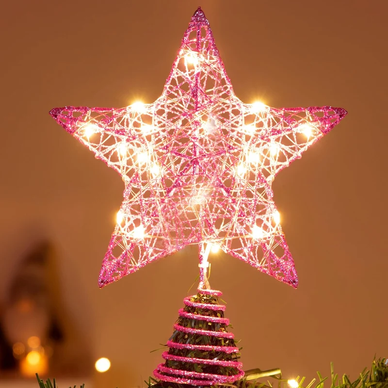 8" Christmas Glitter Star Tree Toppers, Pink Star Lighted w/ 20 LED Warm White Lights Decorations