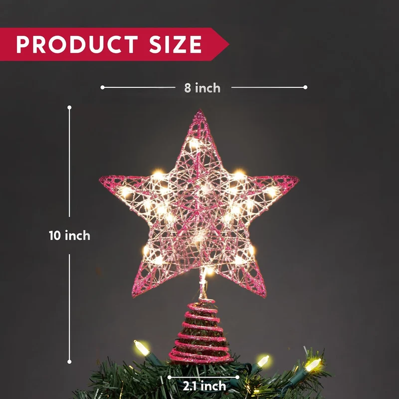 8" Christmas Glitter Star Tree Toppers, Pink Star Lighted w/ 20 LED Warm White Lights Decorations