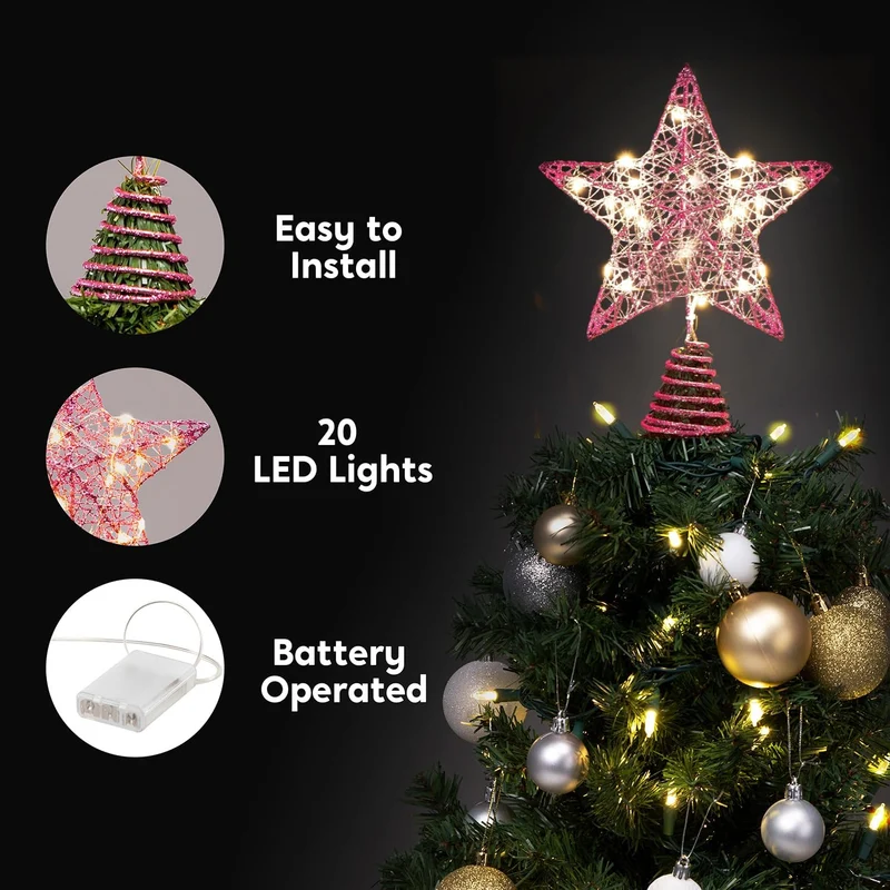 8" Christmas Glitter Star Tree Toppers, Pink Star Lighted w/ 20 LED Warm White Lights Decorations