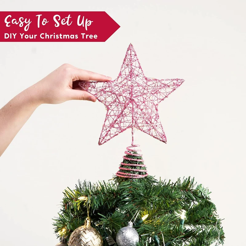 8" Christmas Glitter Star Tree Toppers, Pink Star Lighted w/ 20 LED Warm White Lights Decorations
