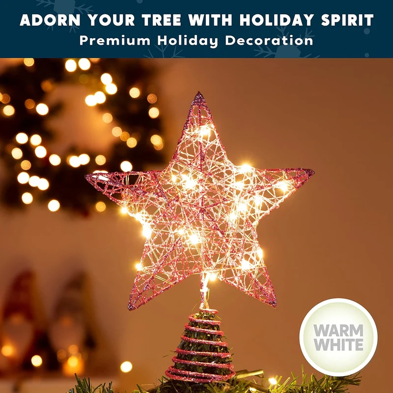 8" Christmas Glitter Star Tree Toppers, Pink Star Lighted w/ 20 LED Warm White Lights Decorations