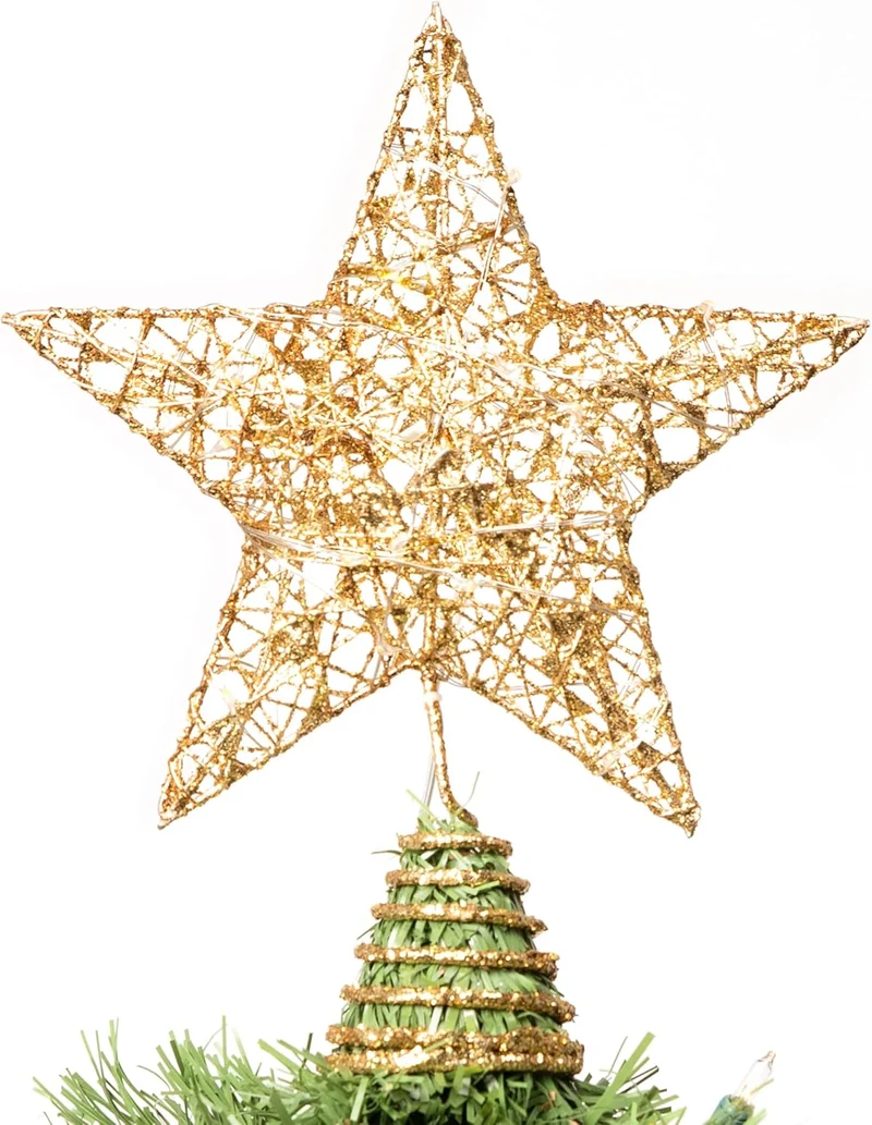 8" Christmas Gold Glitter Star Tree Toppers Metal Lighted w/ 20 LED Lights Decorations