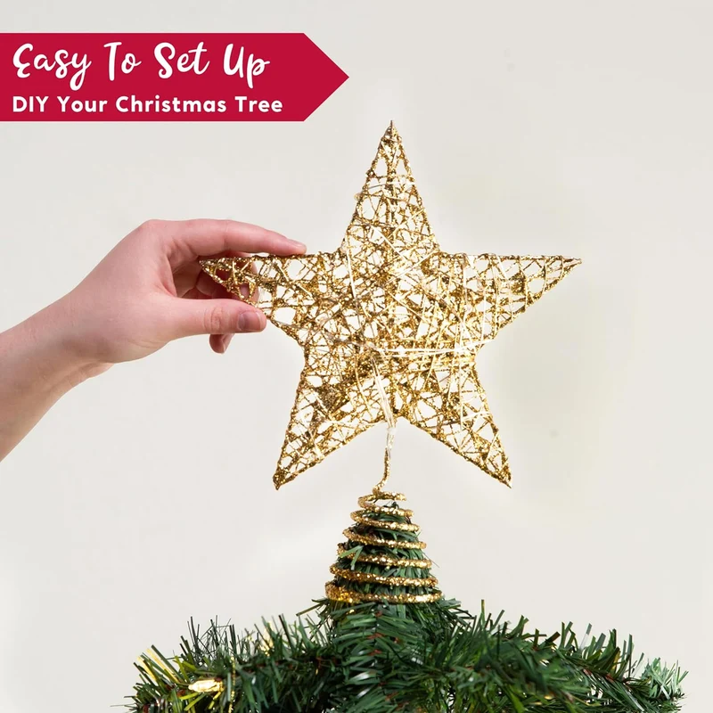 8" Christmas Gold Glitter Star Tree Toppers Metal Lighted w/ 20 LED Lights Decorations