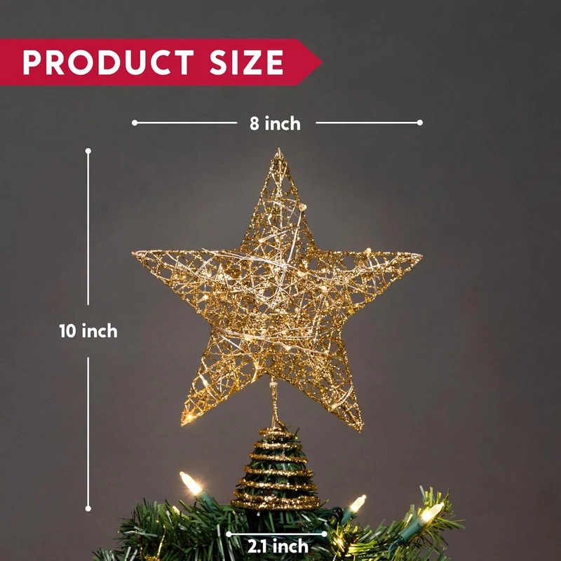 8" Christmas Gold Glitter Star Tree Toppers Metal Lighted w/ 20 LED Lights Decorations
