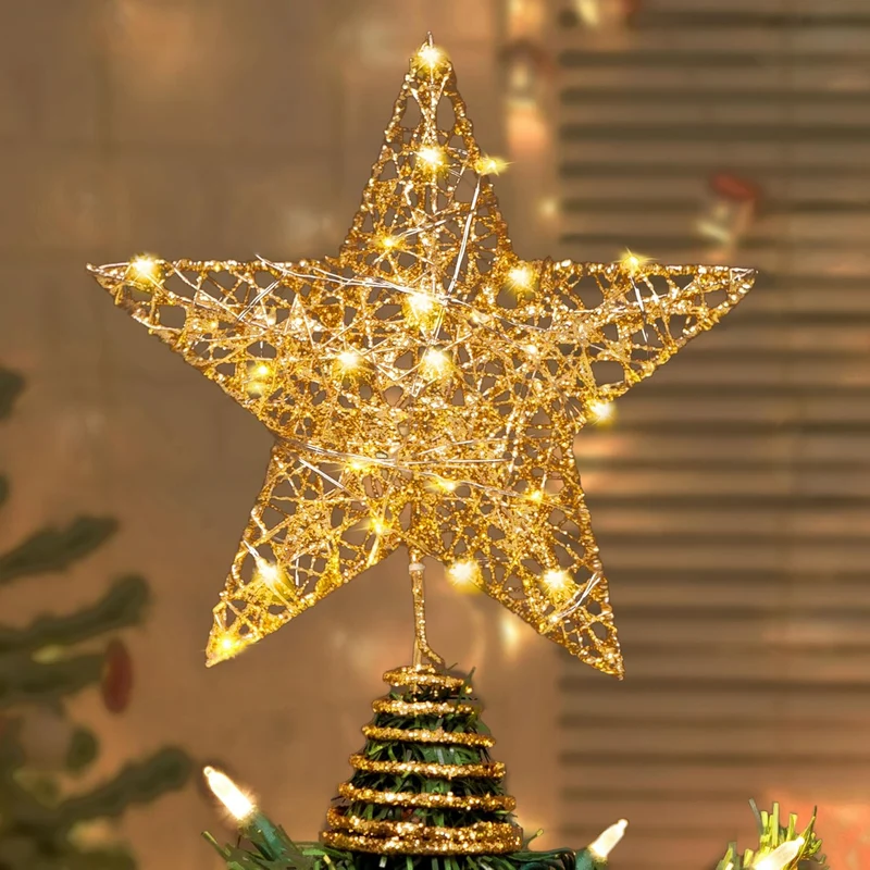 8" Christmas Gold Glitter Star Tree Toppers Metal Lighted w/ 20 LED Lights Decorations