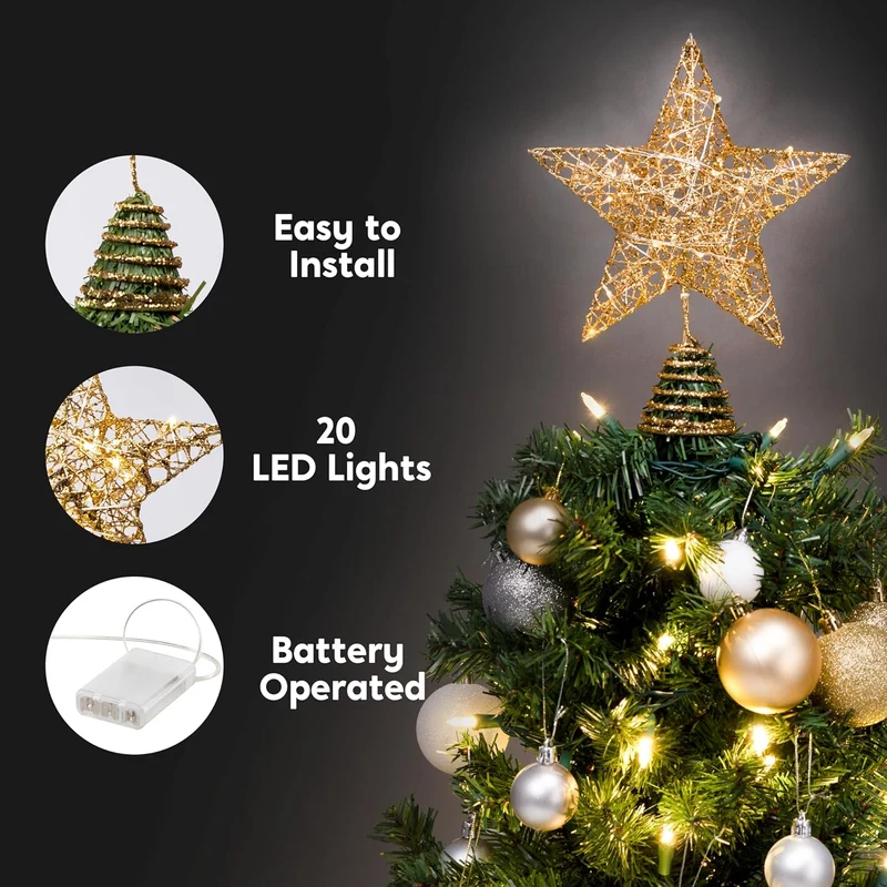 8" Christmas Gold Glitter Star Tree Toppers Metal Lighted w/ 20 LED Lights Decorations