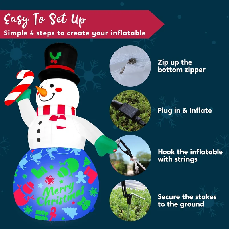 (6 FT) Tall Christmas Snowman Inflatables Snowman with Music and Rotating Colorful Light, Blow Up Decoration