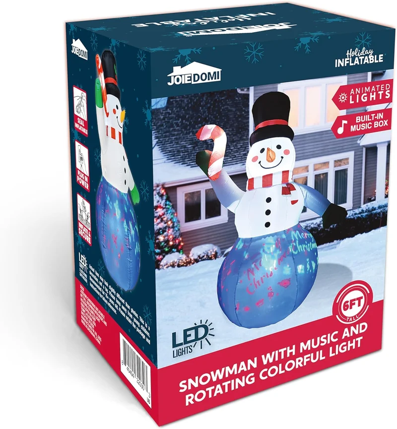 (6 FT) Tall Christmas Snowman Inflatables Snowman with Music and Rotating Colorful Light, Blow Up Decoration