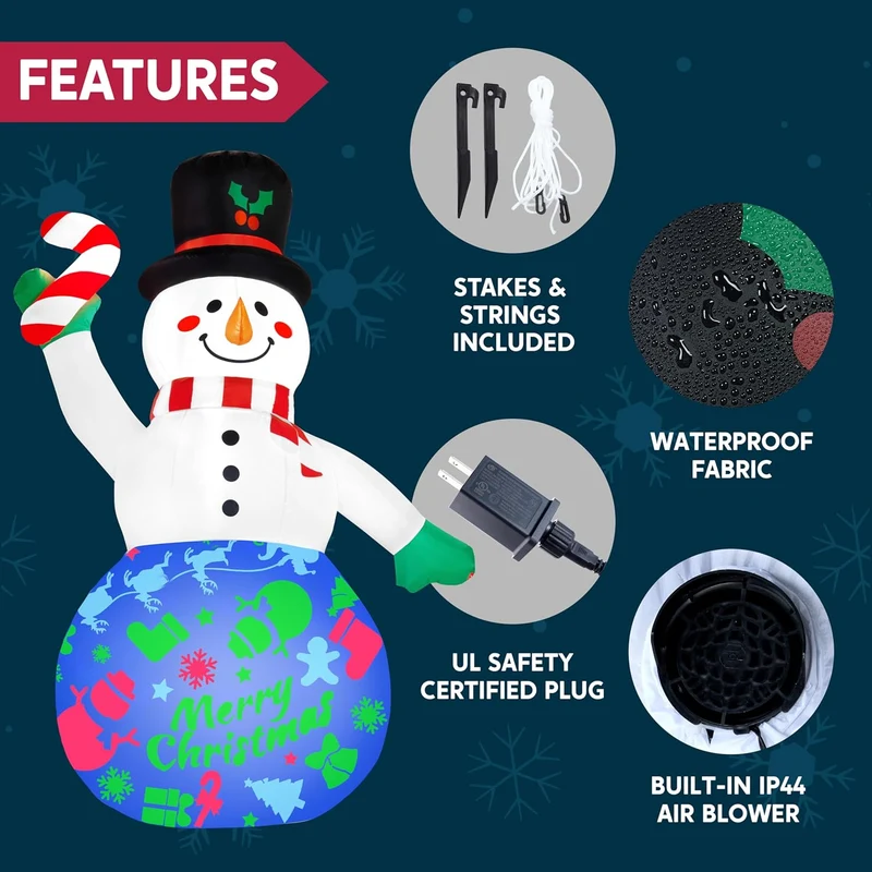 (6 FT) Tall Christmas Snowman Inflatables Snowman with Music and Rotating Colorful Light, Blow Up Decoration