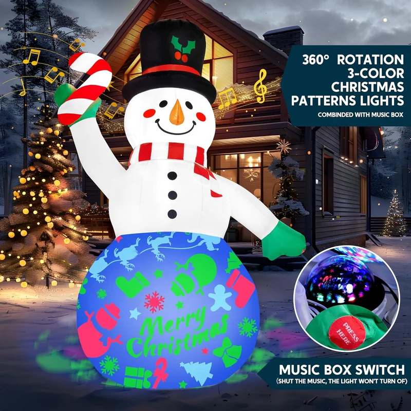 (6 FT) Tall Christmas Snowman Inflatables Snowman with Music and Rotating Colorful Light, Blow Up Decoration