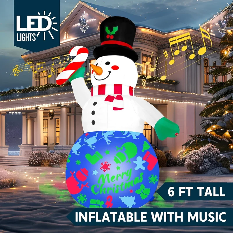 (6 FT) Tall Christmas Snowman Inflatables Snowman with Music and Rotating Colorful Light, Blow Up Decoration