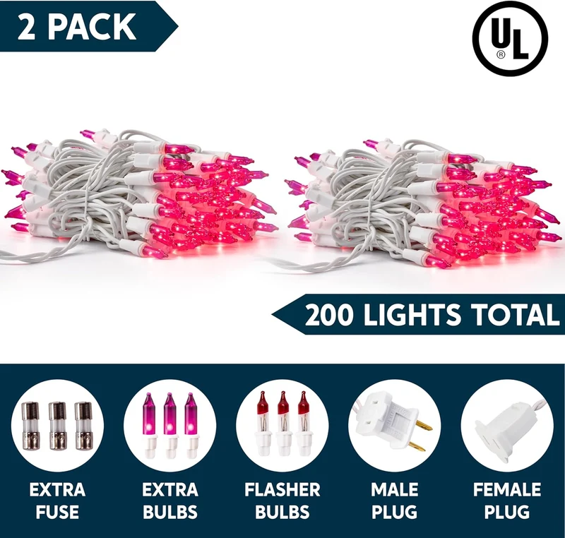 Christmas String Lights Indoor 200CT Mini Pink Light,42.8 FT Lighting Decor - White Wire