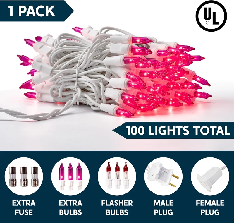 Christmas String Lights Indoor 100CT Mini Pink 21.4 FT Lighting Decor - White Wire