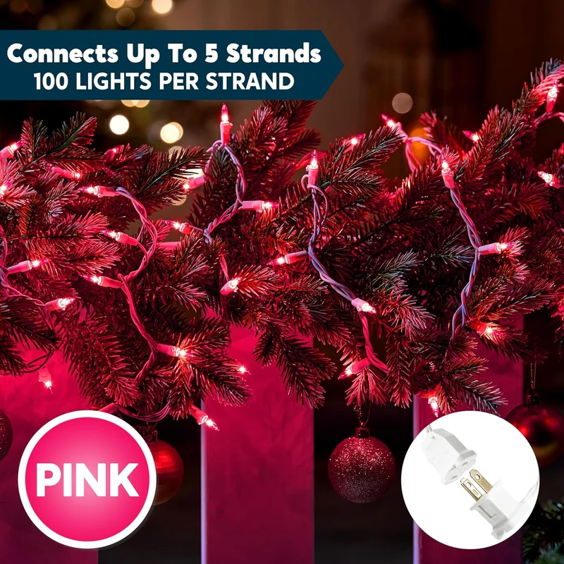 Christmas String Lights Indoor 100CT Mini Pink 21.4 FT Lighting Decor - White Wire