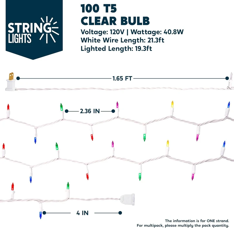 Christmas String Lights Indoor 100CT Mini Multicolor Light w/ 21.4 FT - White Wire