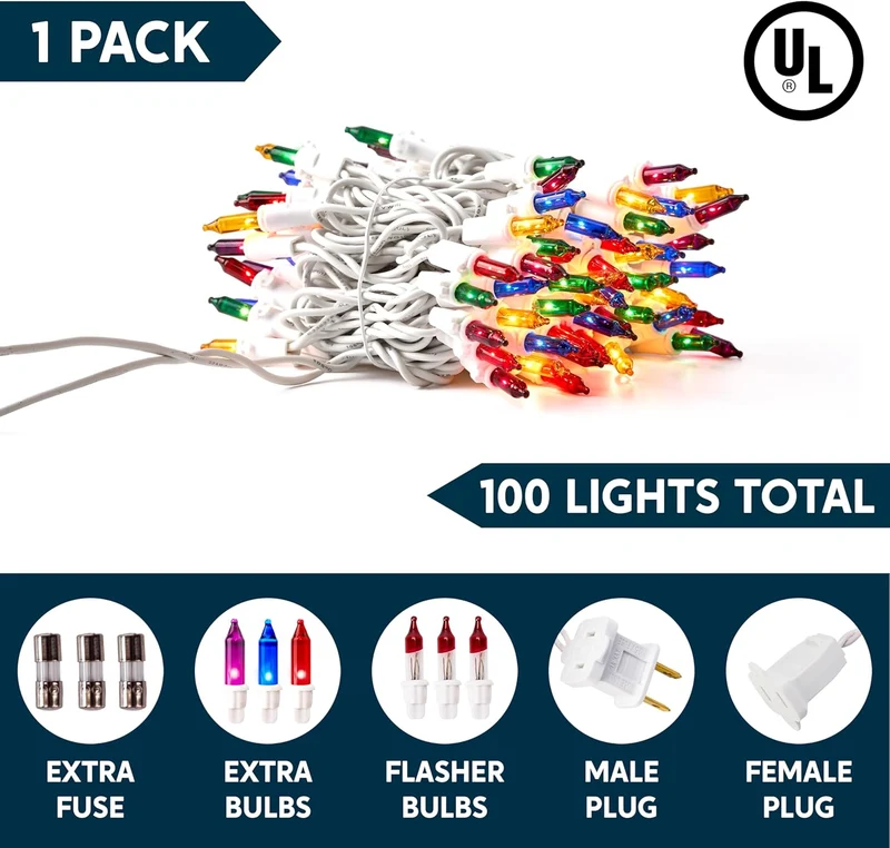 Christmas String Lights Indoor 100CT Mini Multicolor Light w/ 21.4 FT - White Wire