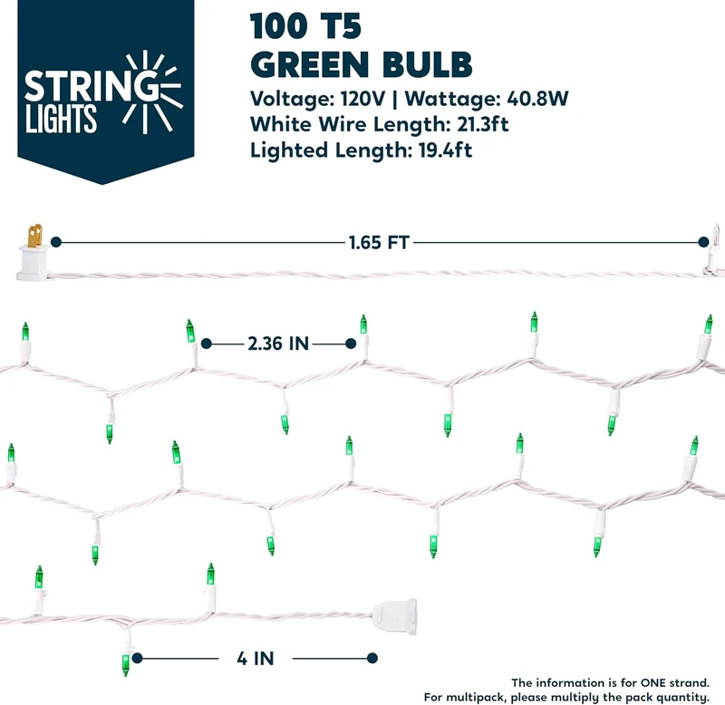 Christmas String Lights Indoor 100CT Mini Green Light 21.4 FT Lighting Decor - White Wire