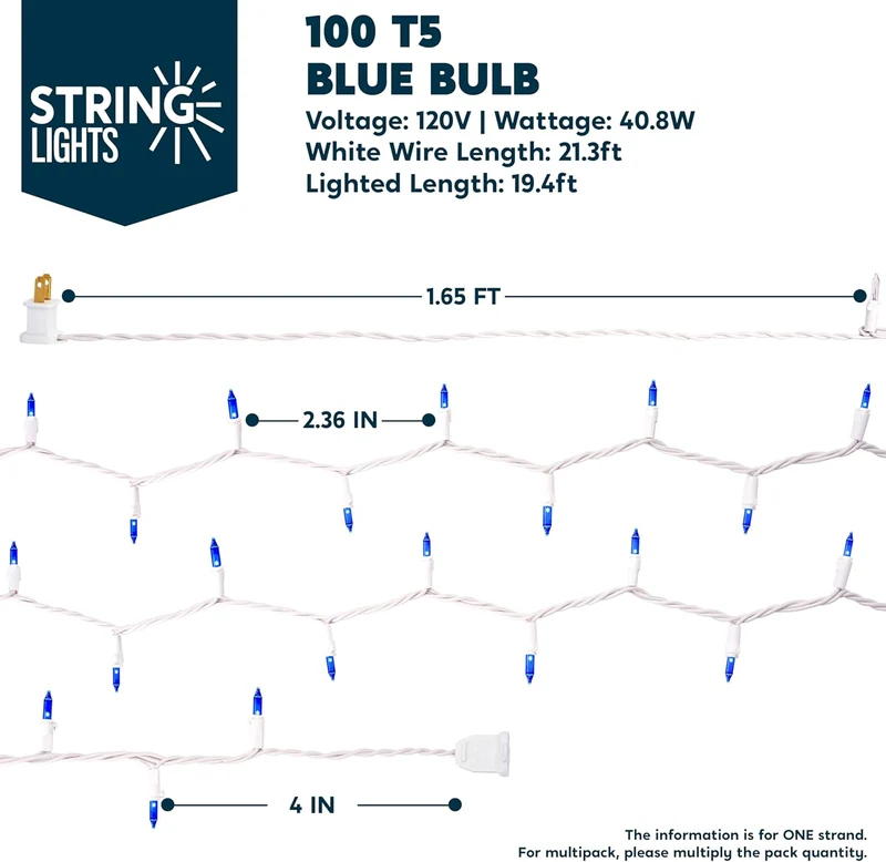 Christmas Lights Outdoor, 100ct 21.4ft String Decorations (Blue) - White Wire