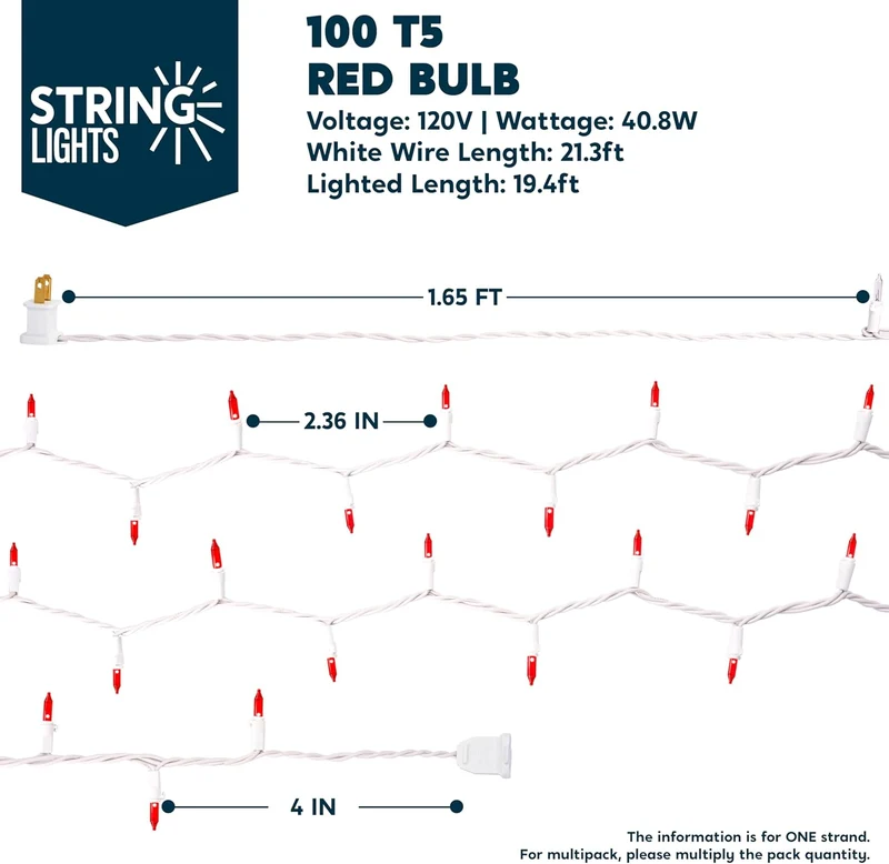 Christmas String Lights, 100CT 21.4 FT Lighting Decor - Mini Red