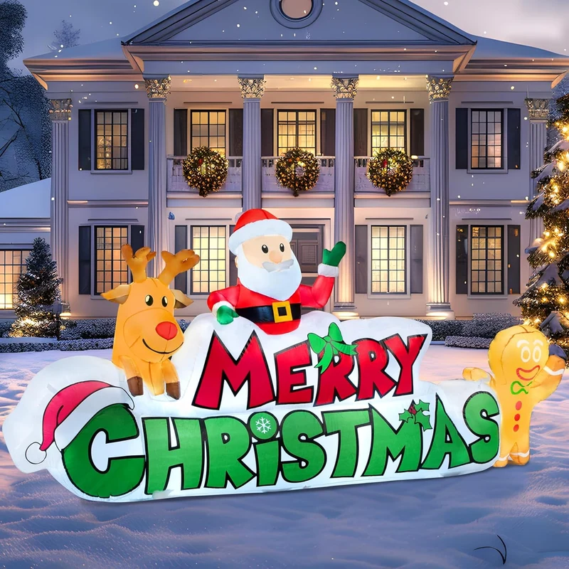 9.5 FT Christmas Inflatable Merry Christmas Sign w/ Santa, Reindeer & Gingerman, LED Lit