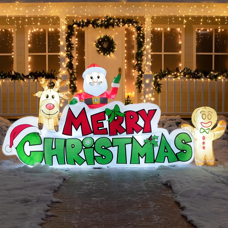 9.5 FT Christmas Inflatable Merry Christmas Sign w/ Santa, Reindeer & Gingerman, LED Lit