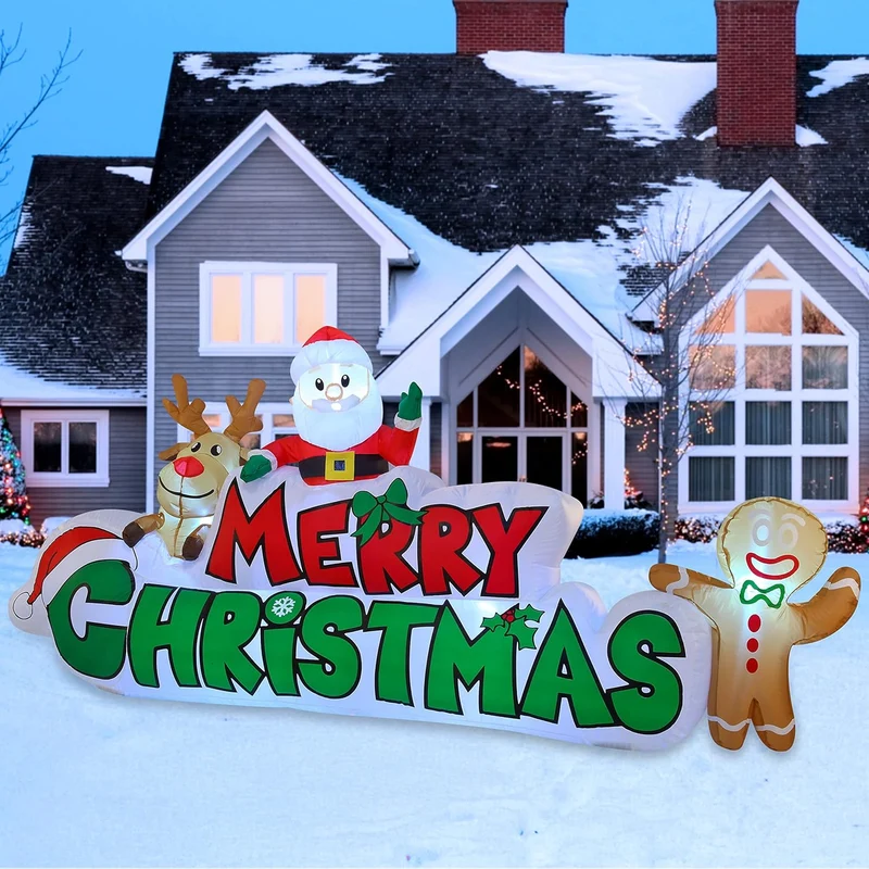 9.5 FT Christmas Inflatable Merry Christmas Sign w/ Santa, Reindeer & Gingerman, LED Lit