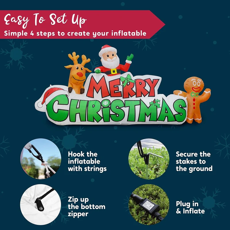9.5 FT Christmas Inflatable Merry Christmas Sign w/ Santa, Reindeer & Gingerman, LED Lit