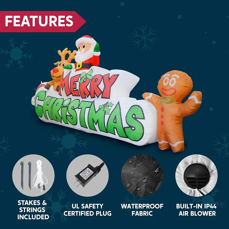 9.5 FT Christmas Inflatable Merry Christmas Sign w/ Santa, Reindeer & Gingerman, LED Lit