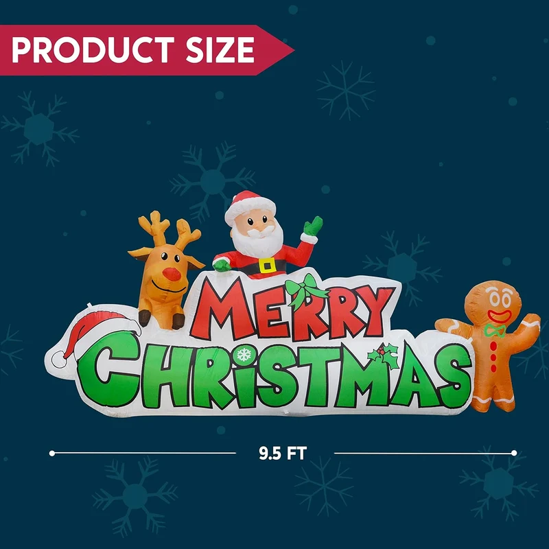 9.5 FT Christmas Inflatable Merry Christmas Sign w/ Santa, Reindeer & Gingerman, LED Lit