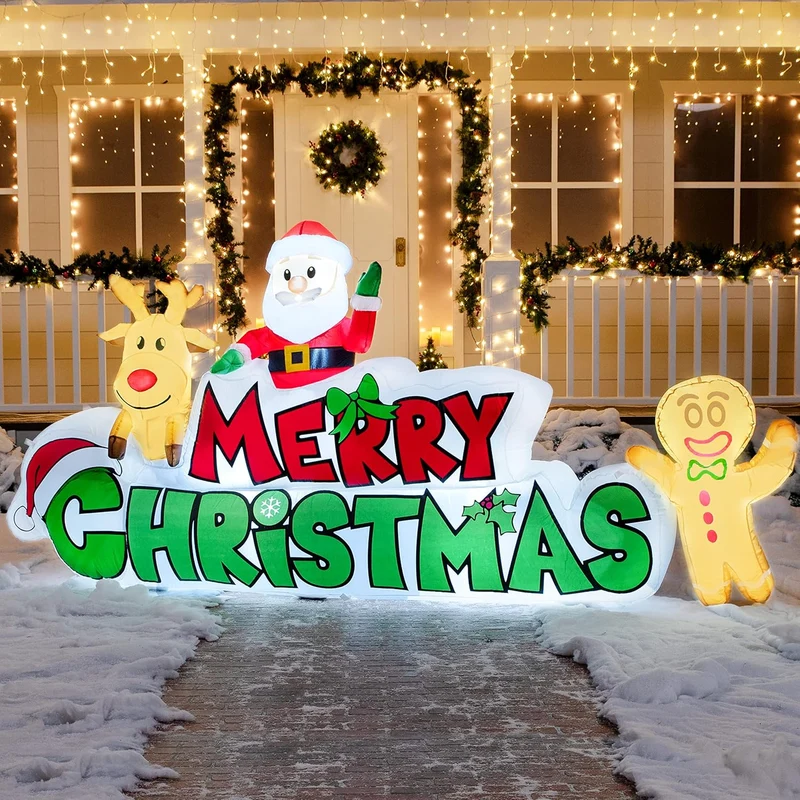 9.5 FT Christmas Inflatable Merry Christmas Sign w/ Santa, Reindeer & Gingerman, LED Lit