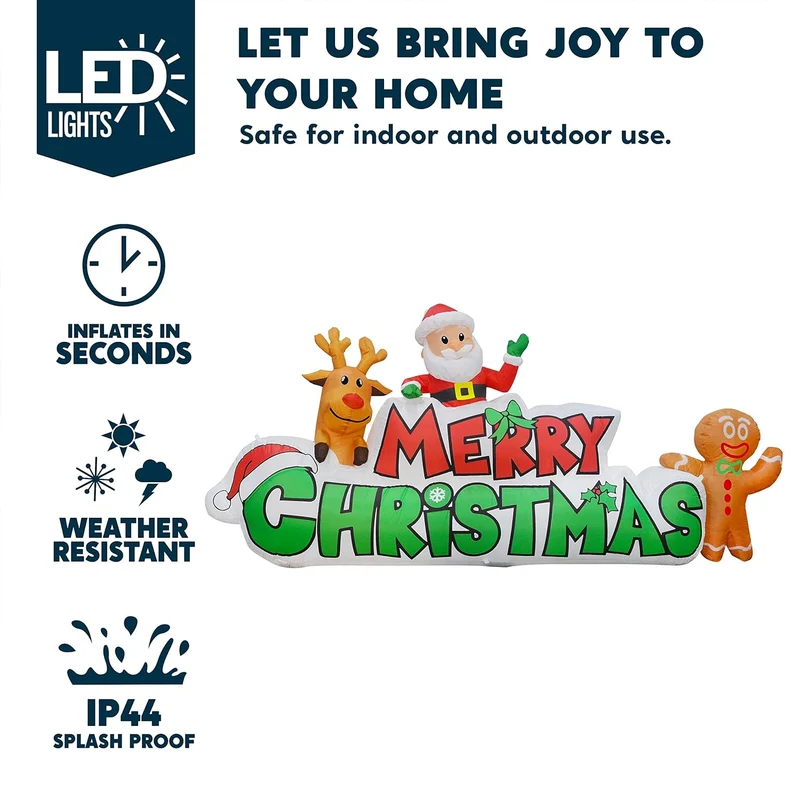 9.5 FT Christmas Inflatable Merry Christmas Sign w/ Santa, Reindeer & Gingerman, LED Lit