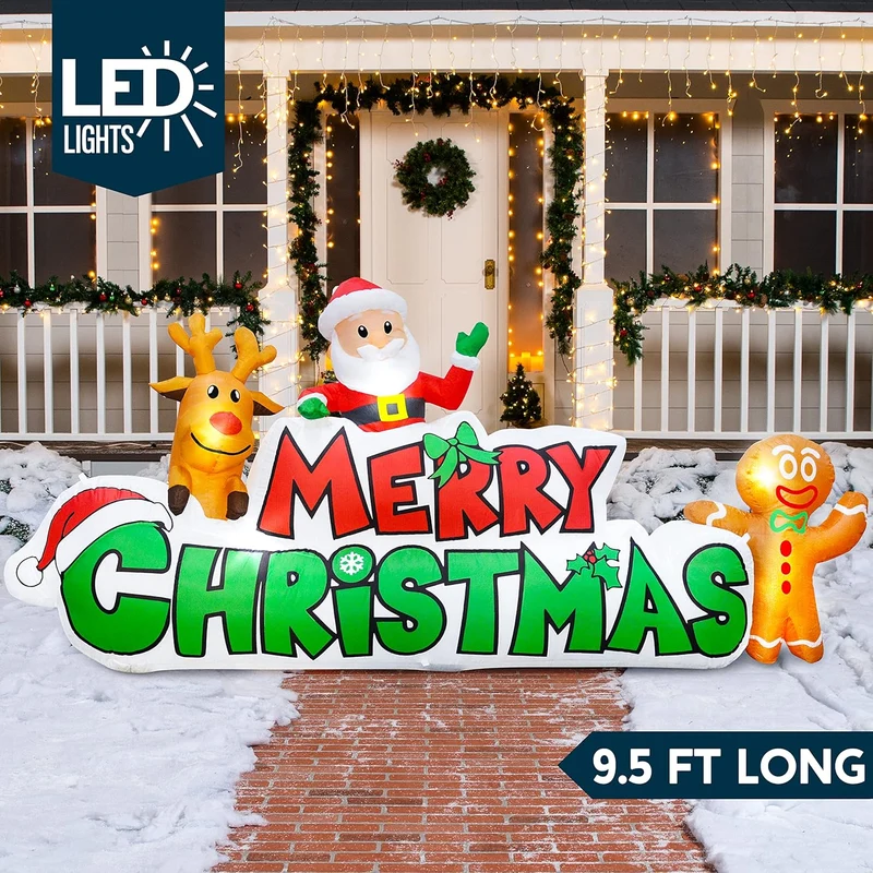 9.5 FT Christmas Inflatable Merry Christmas Sign w/ Santa, Reindeer & Gingerman, LED Lit