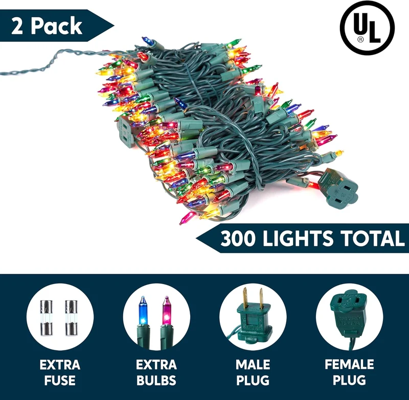 Christmas String Lights,300(2x150) 62.4FT Christmas Fairy Tree Lights Plug in Decorations - Multicolor