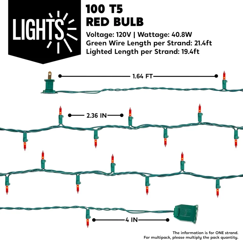 Red Christmas Lights,42.8FT / 200 Count String Lights - Green Wire for Decorations